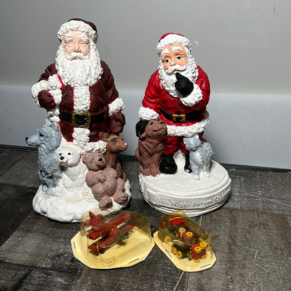 Vintage Hand Painted Santa's and two Wood Ornaments